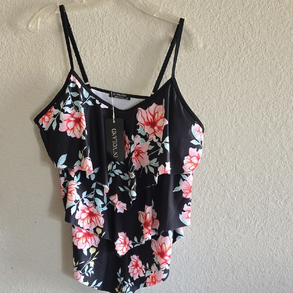 Black Floral Ruffle Cami Top - Pink Floral
